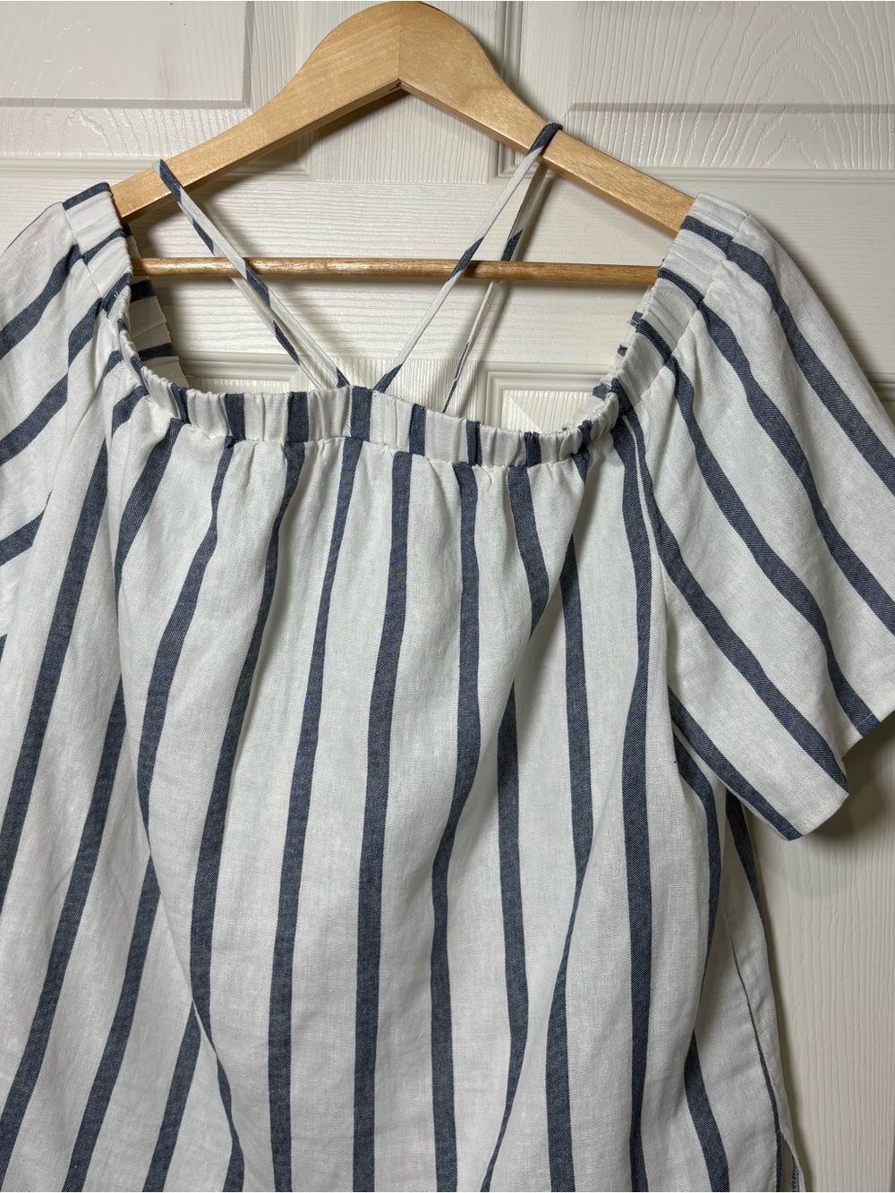Vince Camuto Peasant Top Blouse Women Large Linen Blend Striped Off Shoulder - Picture 4 of 7